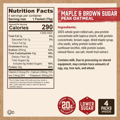 Kodiak Peak Instant Oatmeal, Maple Brown Sugar, High Protein, 6pk