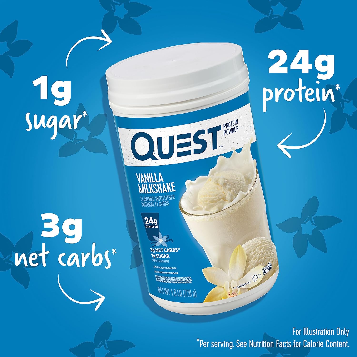Quest Nutrition Vanilla Milkshake Protein Powder, 24g Protein, 1.6 Pound | 23 Servings, 3g Net Carbs, 1g Sugar, Low Carb, Gluten Free