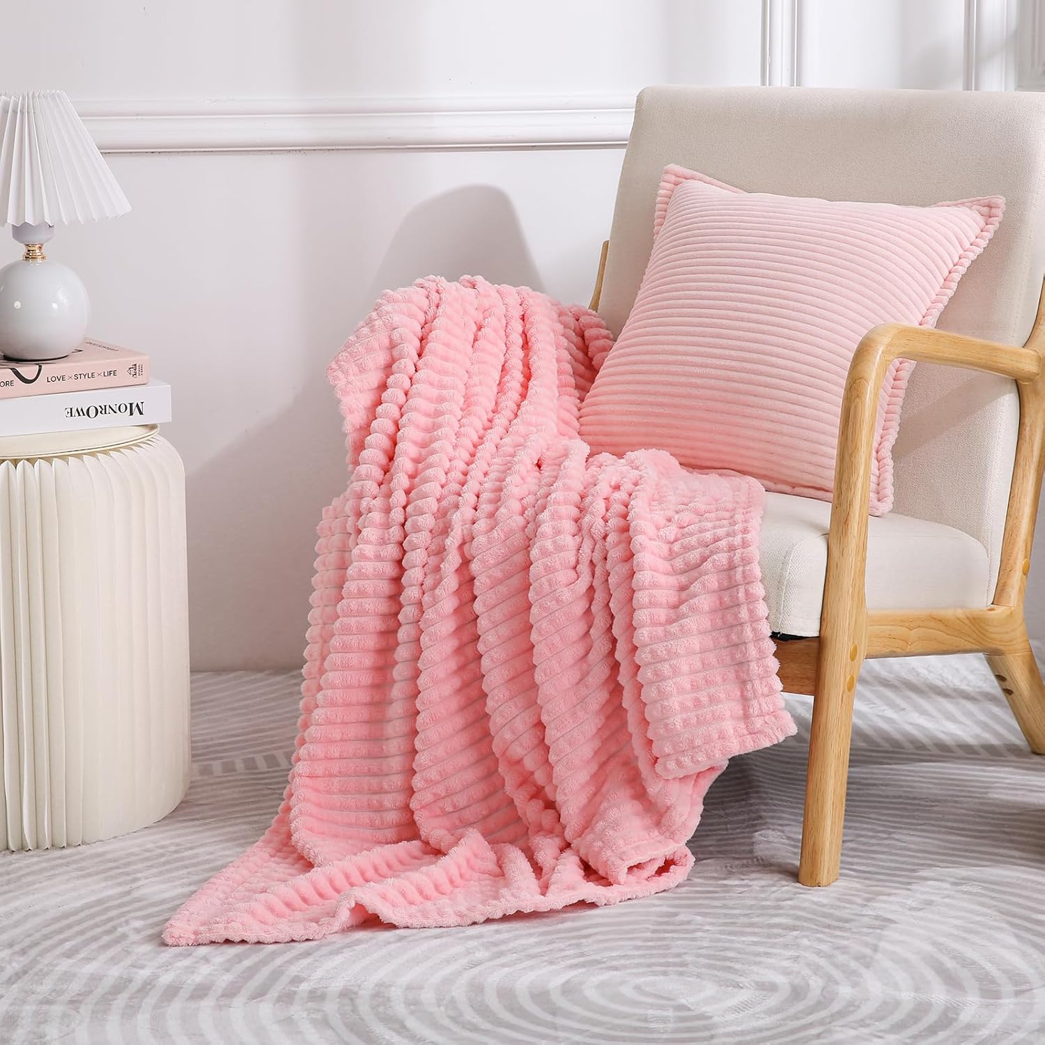 Puncuntex Fleece Throw Blanket Light Pink 50"×60" with Square Grid Design