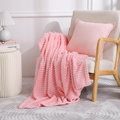 Puncuntex Fleece Throw Blanket Light Pink 50"×60" with Square Grid Design