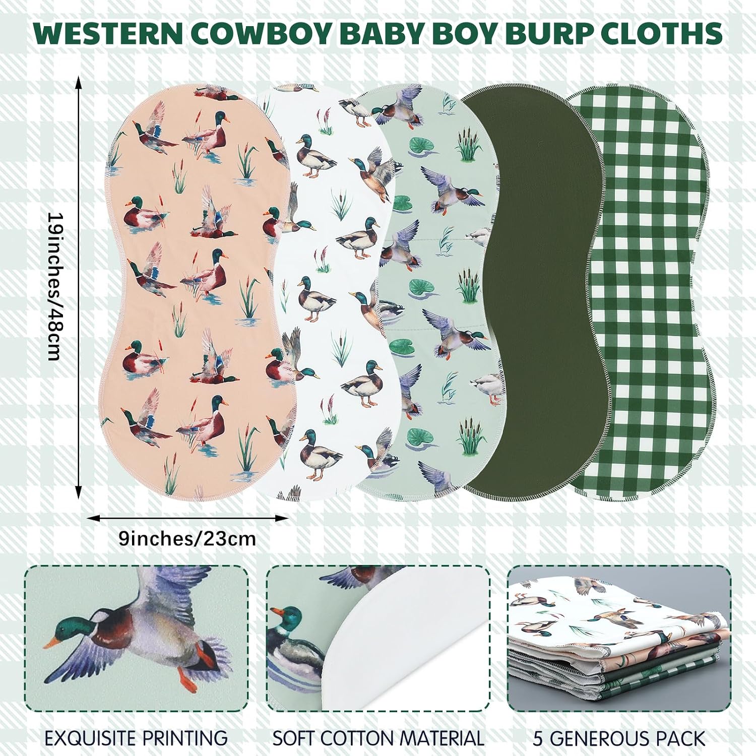 SmoothNovelty 5 Pack Mallard Duck Baby Burp Cloths for Newborns, 19"x9"