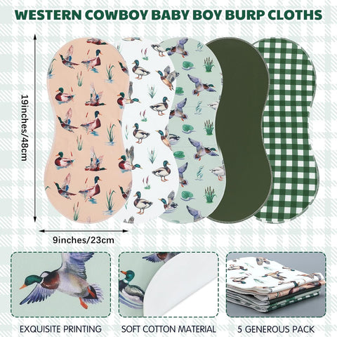 SmoothNovelty 5 Pack Mallard Duck Baby Burp Cloths for Newborns, 19"x9"