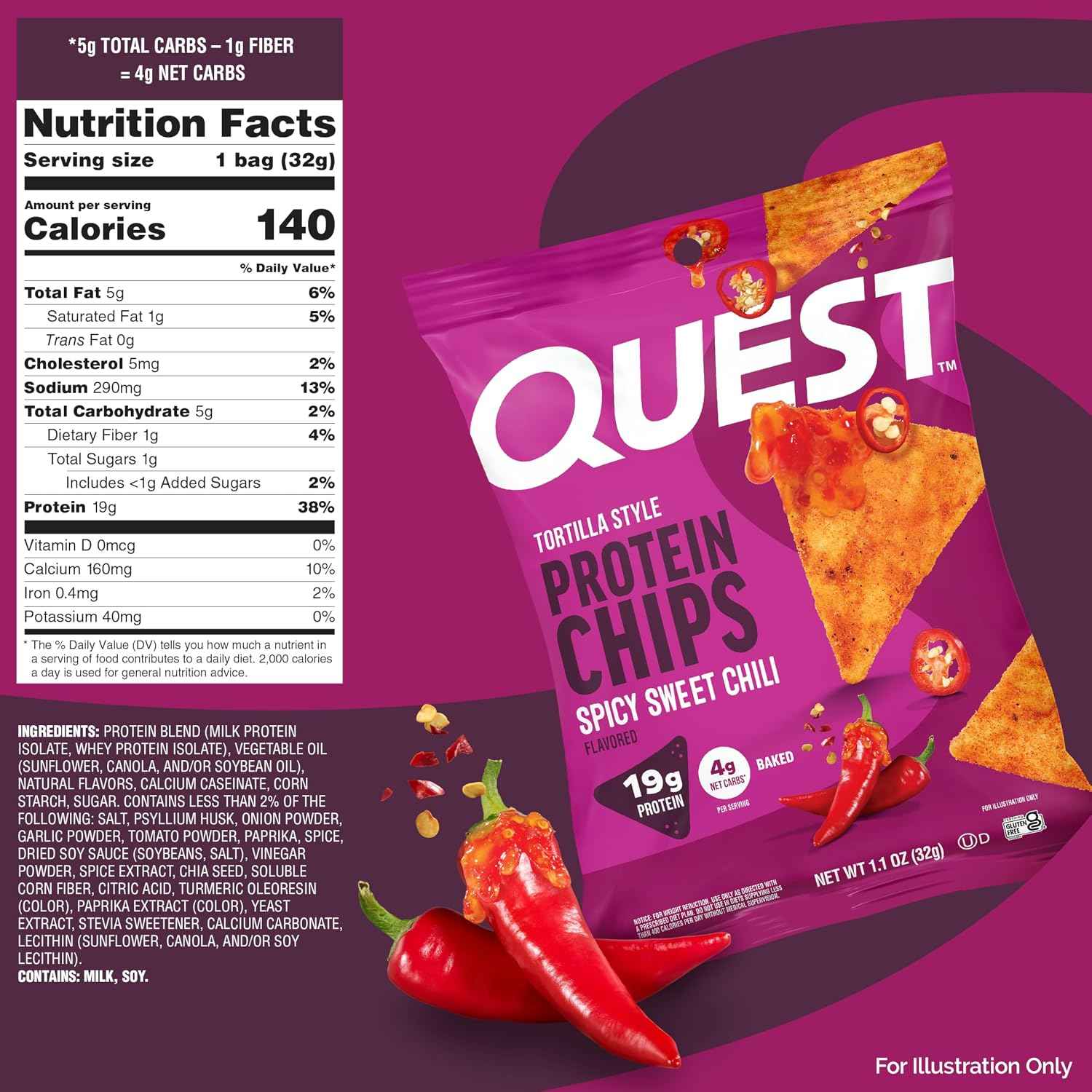 Quest Nutrition Spicy Sweet Chili Tortilla Style Protein Chips, 12 Count | 19g Protein, 4g Net Carbs, Gluten Free, Baked Chips, Blend of Spicy and Sweet Flavors, Individually Wrapped 1.1oz Bags