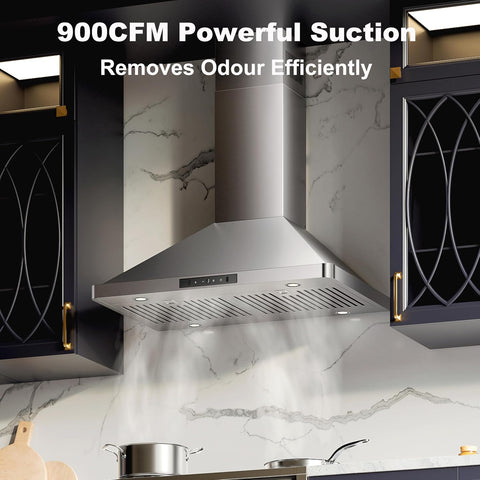 30inch Wall Mount Range Hood, 900CFM Stainless Steel Kitchen Hood