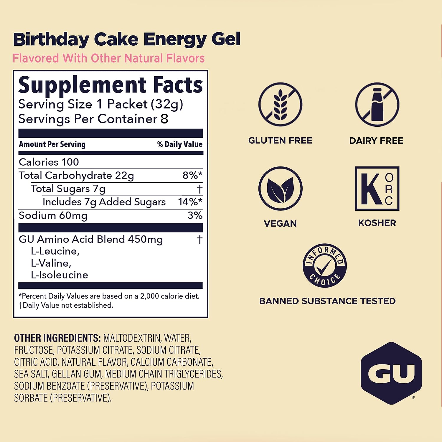 GU Energy, Original Energy Gels, Birthday Cake - 8 Count