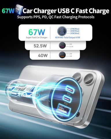 USB C Car Charger, 3Port 67W Dual USBC & USB-A Car Phone Fast Power Adapter