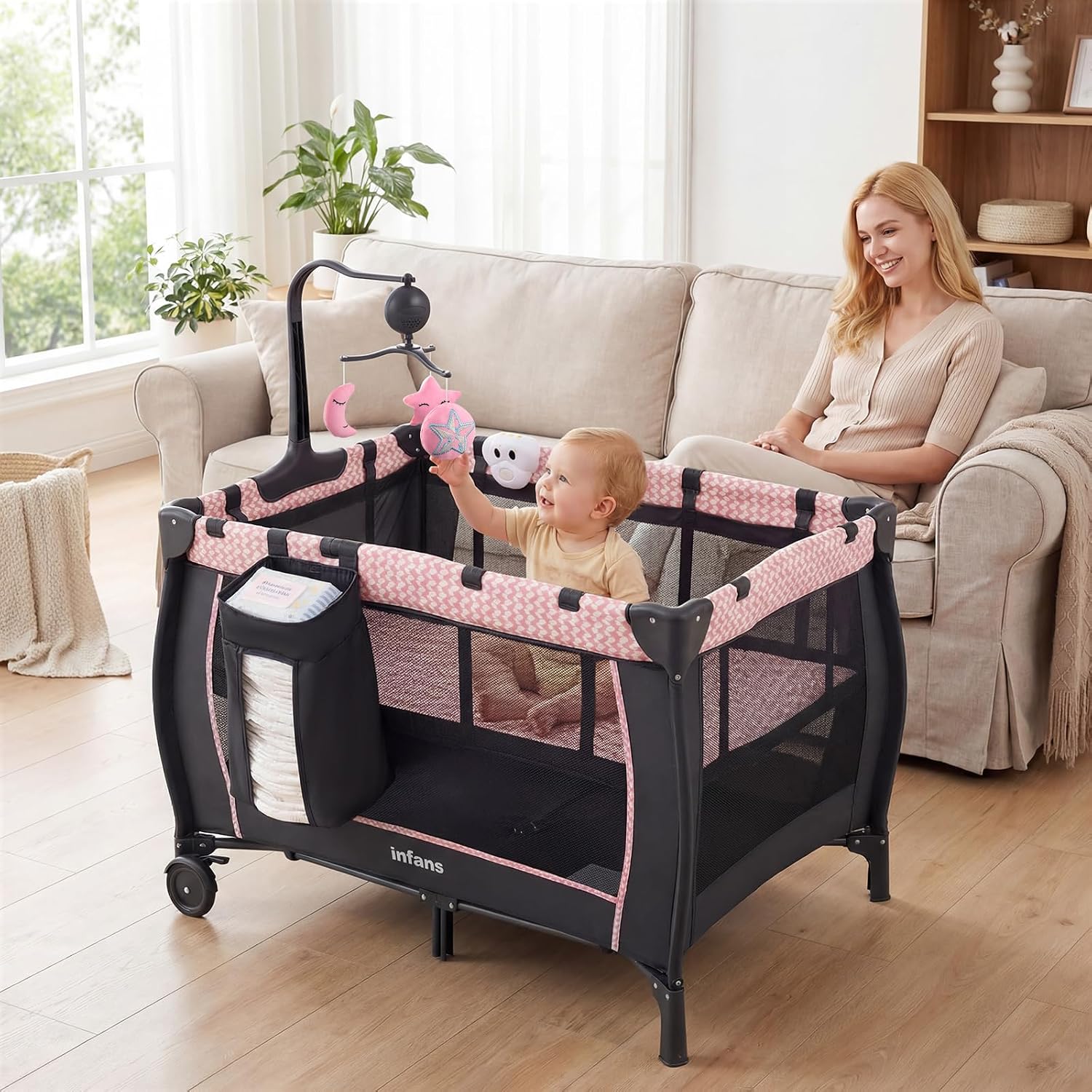 INFANS 3 in 1 Pack and Play with Bassinet, Changing Table, Storage