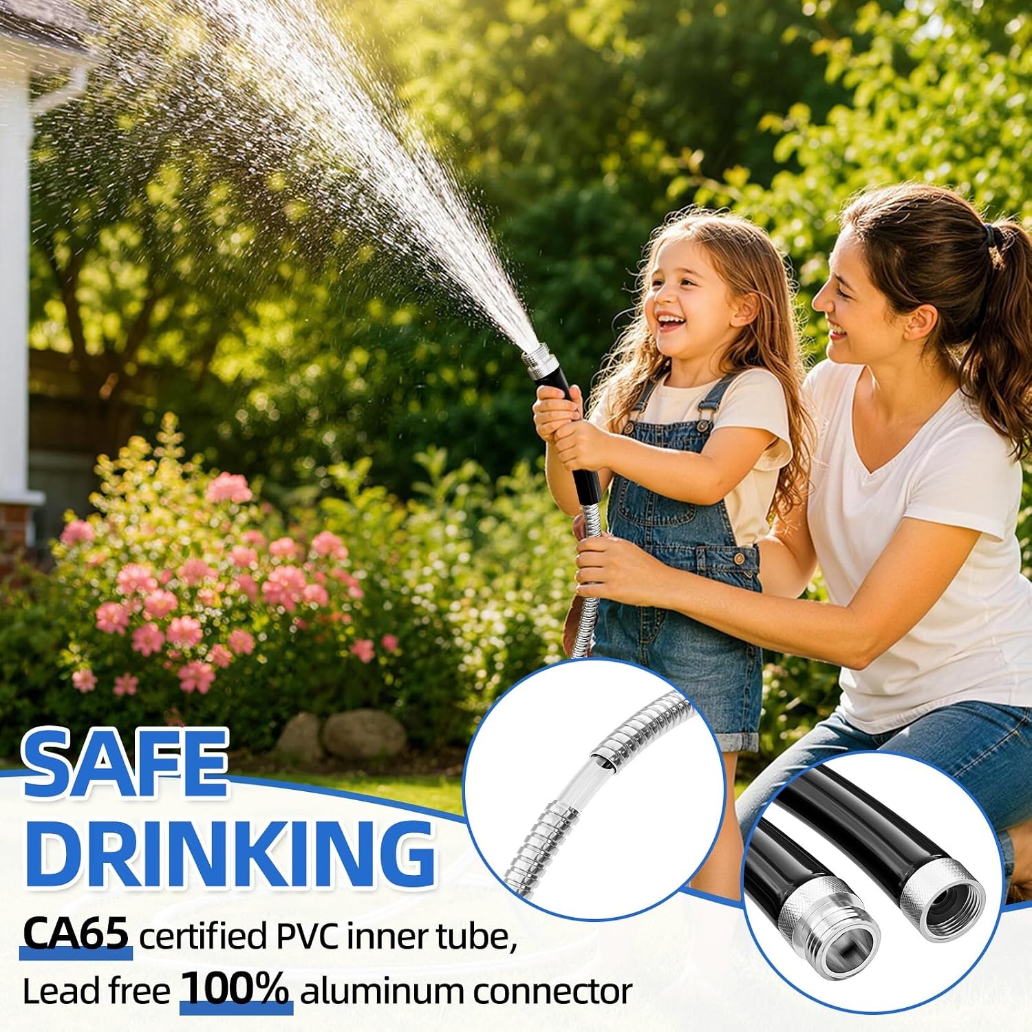 SPECILITE 125ft 304 Stainless Steel Metal Garden Hose with Blue Nozzle