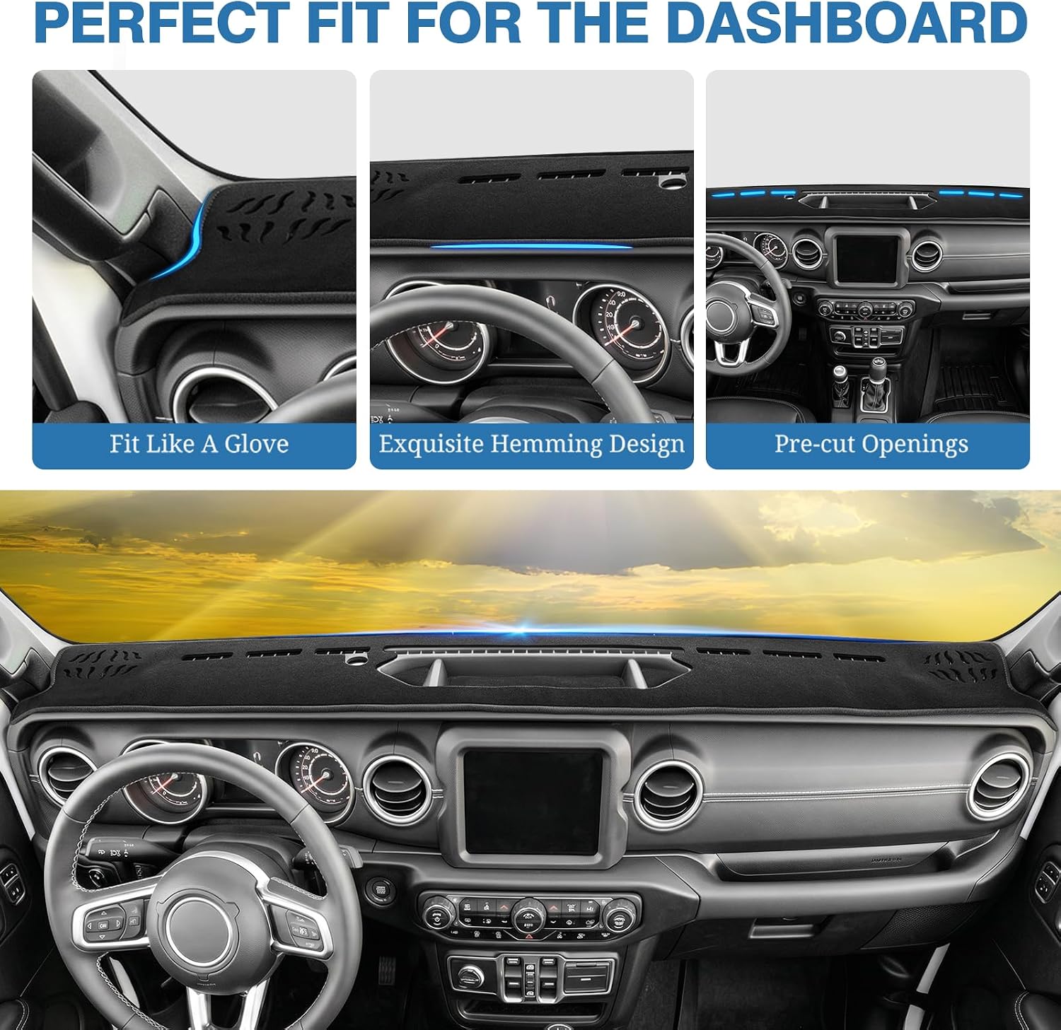 FIILINES Dash Cover for 2020-2024 Jeep Gladiator JT, Dashboard Mat Exact Fit for Gladiator Interior Accessories Dashboard Pad Carpet Dash Mat Sunshade Non-Slip Polyester Protector No Glare Black