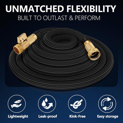 Flexible Garden Hose 50 FT, Ultra Lightweight Water Hoses 50FT w/10 Function Sprayer and 3/4" Brass Fittings, Kink-Free, Sturdy, Abrasion Resistant for Yard, Lawn, Outdoor and Gardening(Black)