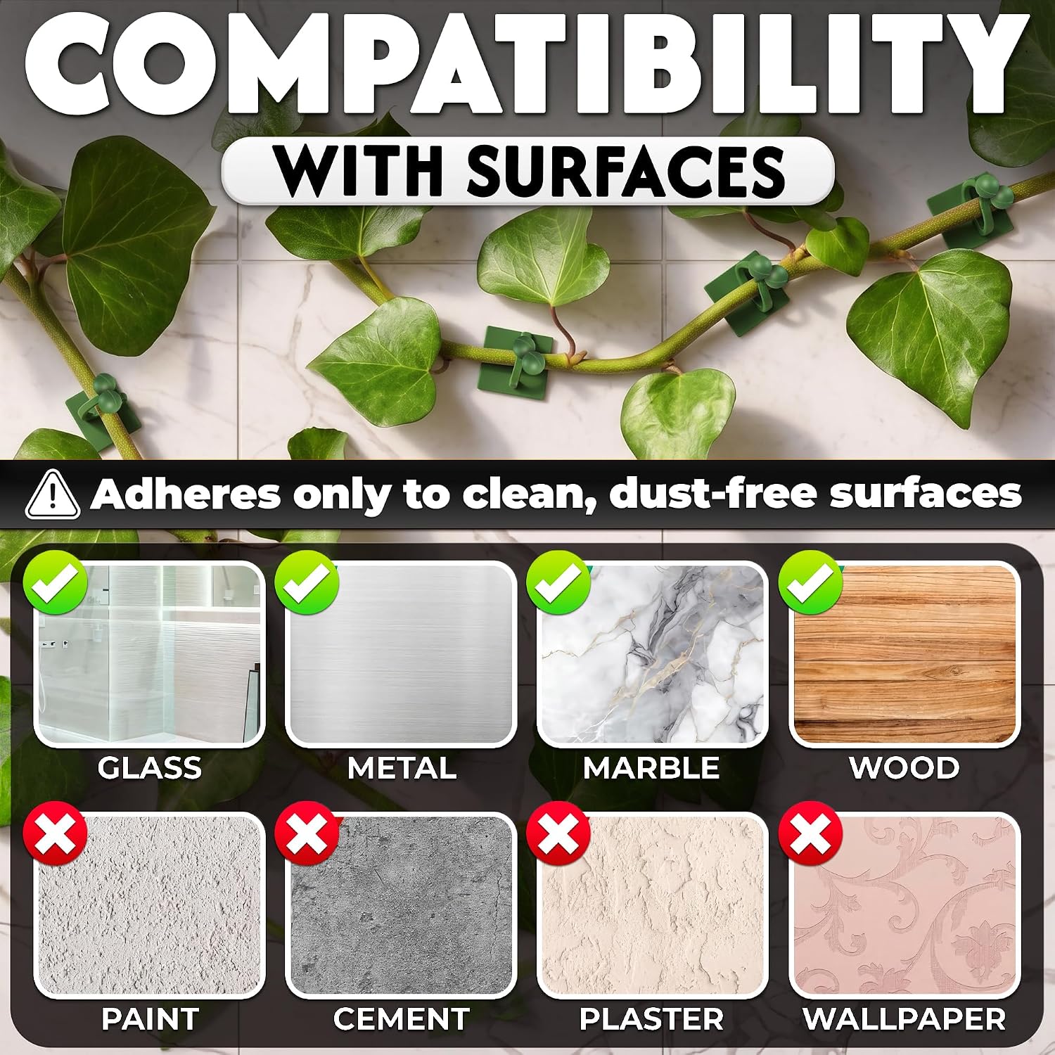 Plant Wall Clips for Climbing Plants, 110Pcs, 3 Sizes, Self-Adhesive Clips