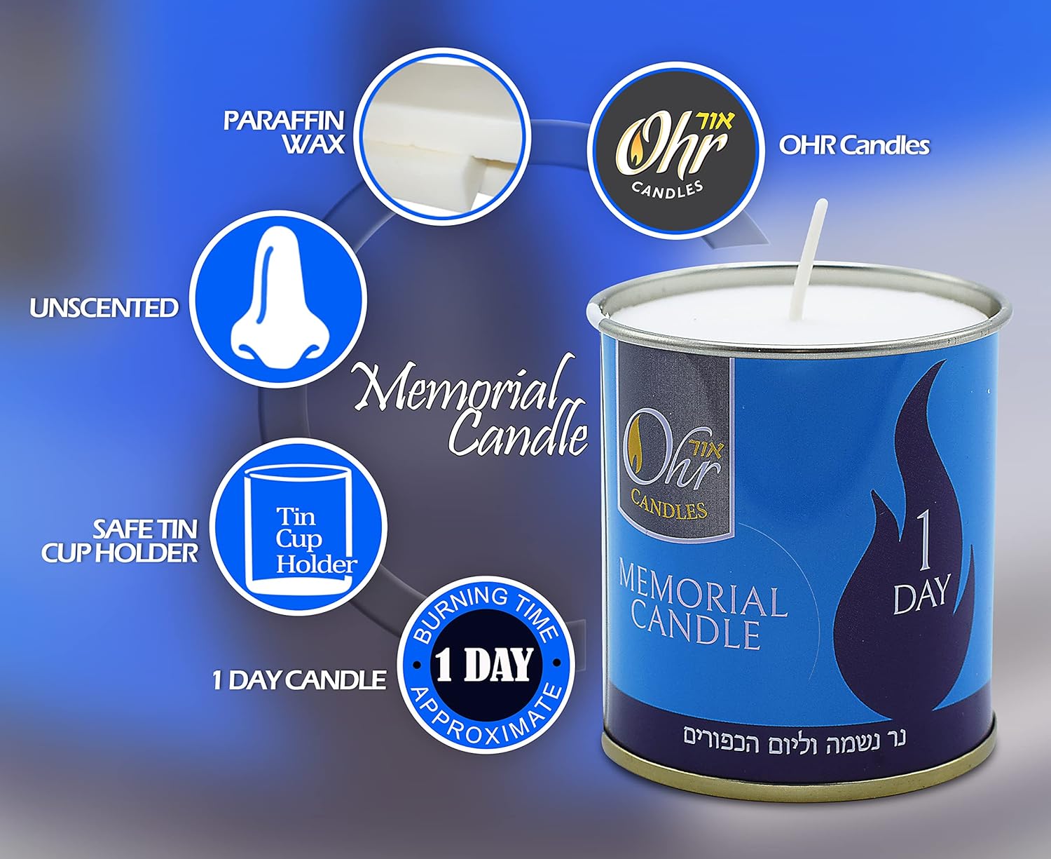 1 Day Yahrzeit Candle - 48 Pack - 24 Hour Kosher Yahrtzeit Memorial and Yom Kippur Candle in Tin Cup Holder