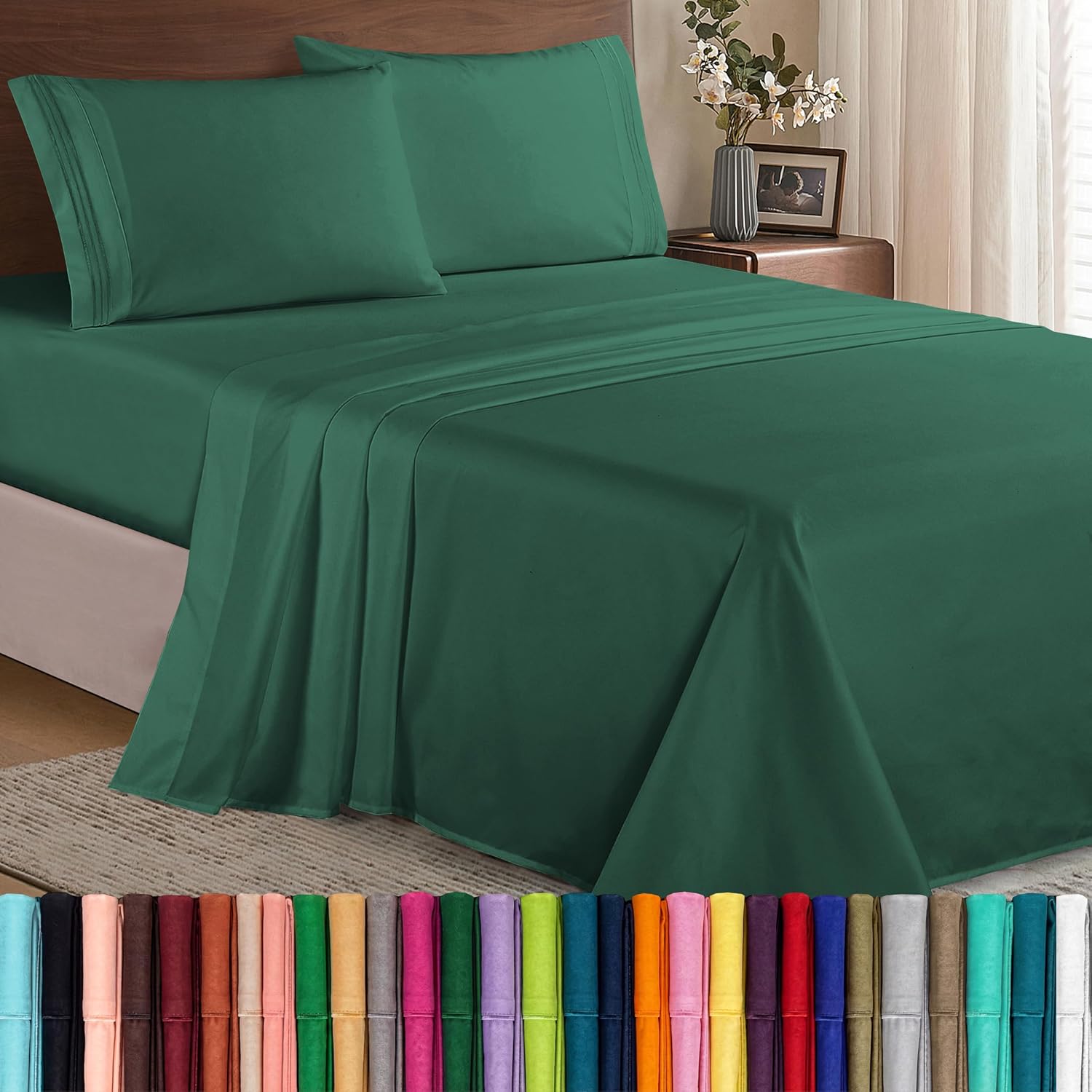 Elegant Comfort Luxury 1500 Premium Hotel Quality Microfiber 4-Piece Sheet Set - Wrinkle Resistant, All Around Elastic Fitted Sheet, Deep Pocket up to 16", California King, Hunter Green