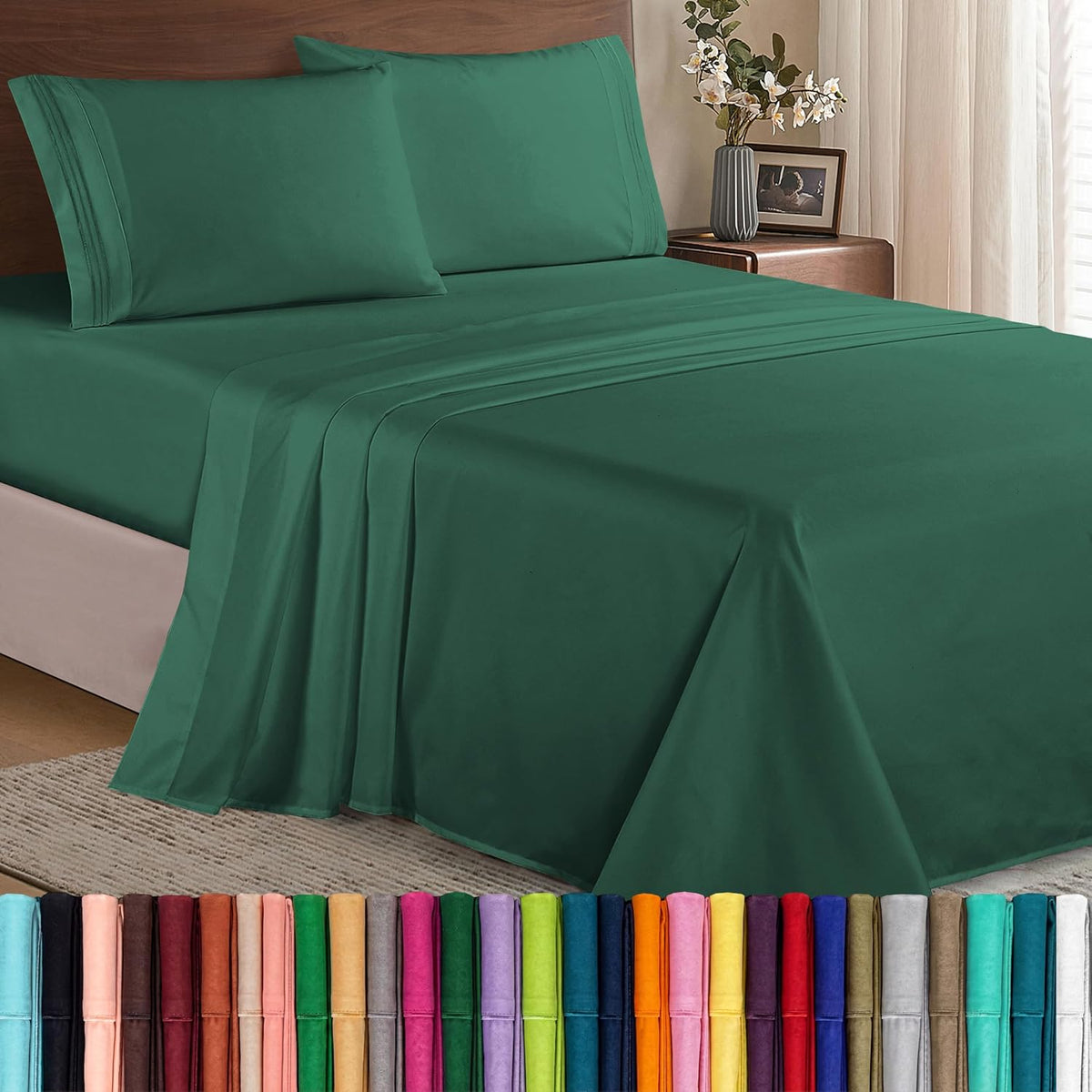 Elegant Comfort Luxury 1500 Premium Hotel Quality Microfiber 4-Piece Sheet Set - Wrinkle Resistant, All Around Elastic Fitted Sheet, Deep Pocket up to 16", California King, Hunter Green