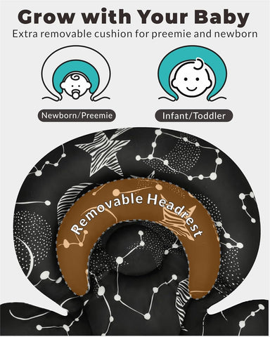 Tinlyfinly Infant Car Seat Insert with Removable Cushion for Preemie to Toddler, Reversible Newborn Carseat Insert for Baby Head Body Support, Fits for Stroller, Baby Swing, Bouncer (Black Star)