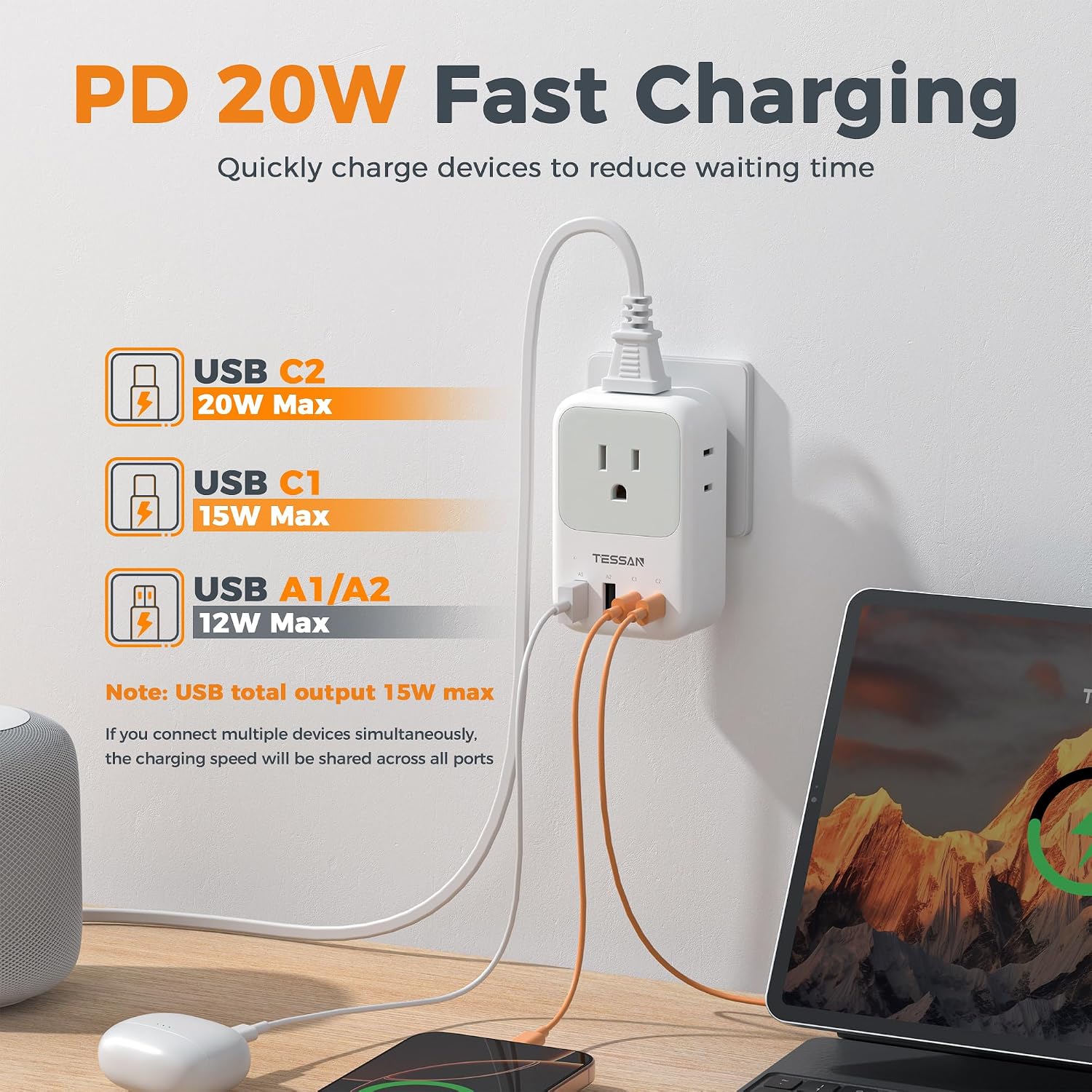 TESSAN USB C Charger Block 20W PD, Fast Charging Adapter with Foldable Plug