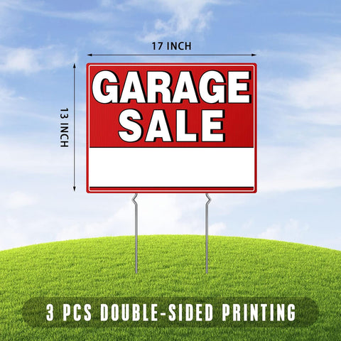 Garage Sale Signs with Stakes, 17" x 13" Double-Sided Yard Sale Sign with Arrow Stickers, Weather-Proof (3 Pack)