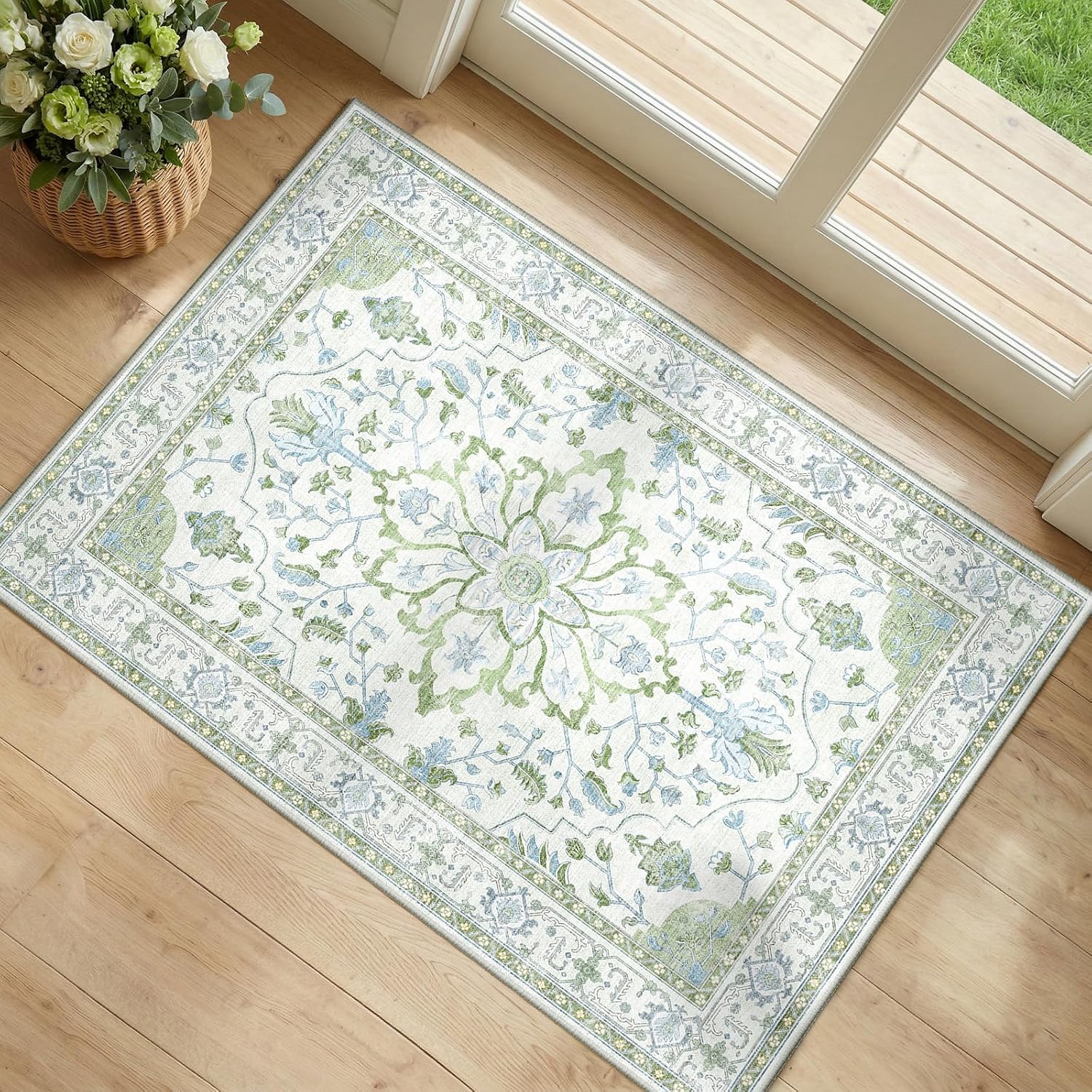 RELEANY Washable Area Rug, Small 2'x3', Green/White/Blue
