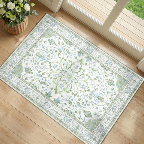 RELEANY Washable Area Rug, Small 2'x3', Green/White/Blue