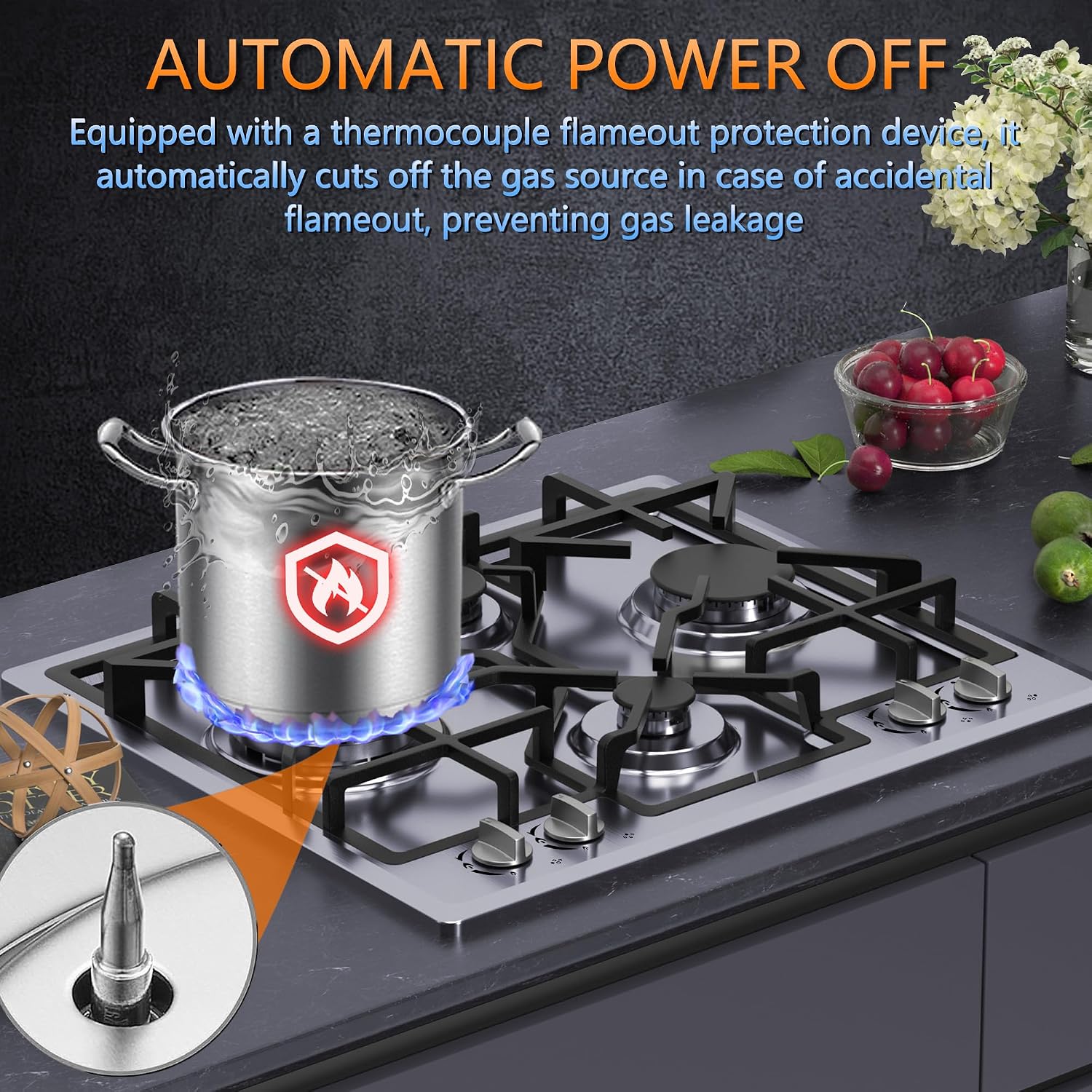 24 inch Gas Cooktop, Bulit-in Gas Stove Top with 4 Burner, NG/LPG Convertible Cooktops, Dual Burner Propane Cooktop with Thermocouple Protection, Stainless Steel