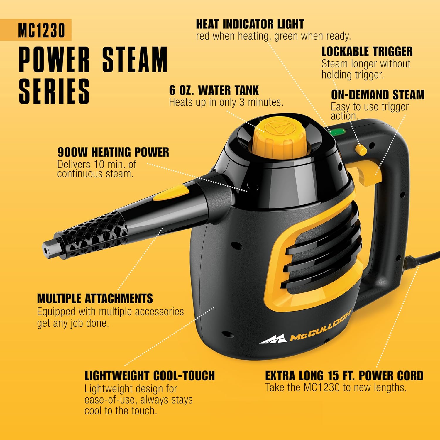 McCulloch MC1230 Handheld Steam Cleaner, 11 Accessories, 10 Min Runtime