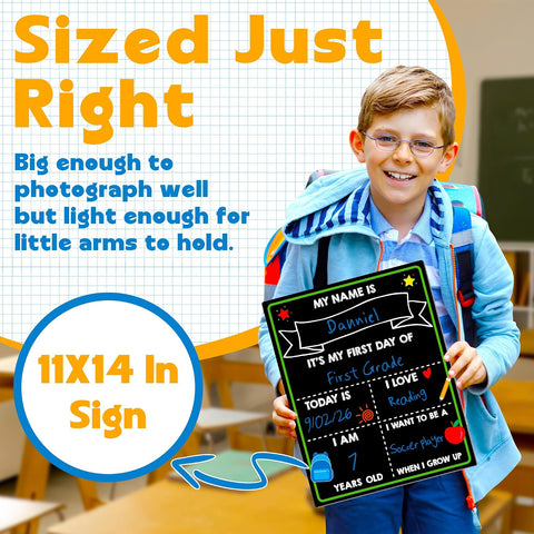 First Day of School Sign, 14 x 11 in Double-Sided & Reusable Board for Kids