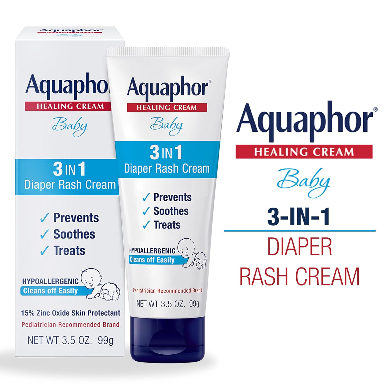 Aquaphor Baby Diaper Rash Cream with Zinc Oxide, Multipack, 3 x 3.5 OZ
