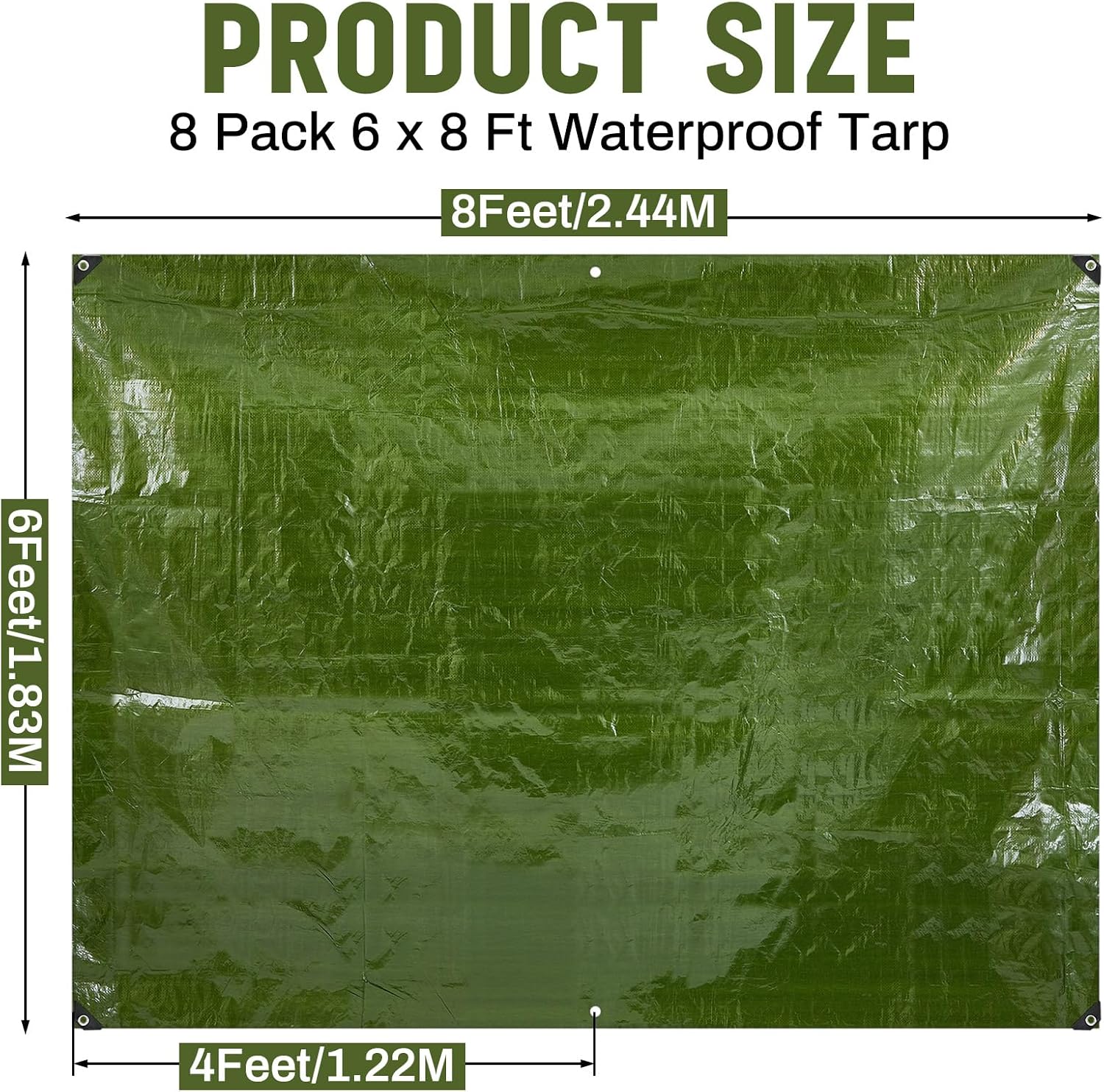 8 Pack 6 x 8 ft Army Green Tarps, 5.5 Mil Heavy Duty Waterproof Tarp