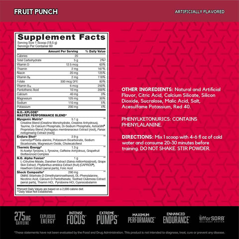 BSN N.O.-XPLODE Pre Workout Powder with Creatine, Fruit Punch, 60 Servings | Energy Supplement for Men and Women with Beta-Alanine and Creatine for Pre-Workout Performance and Endurance