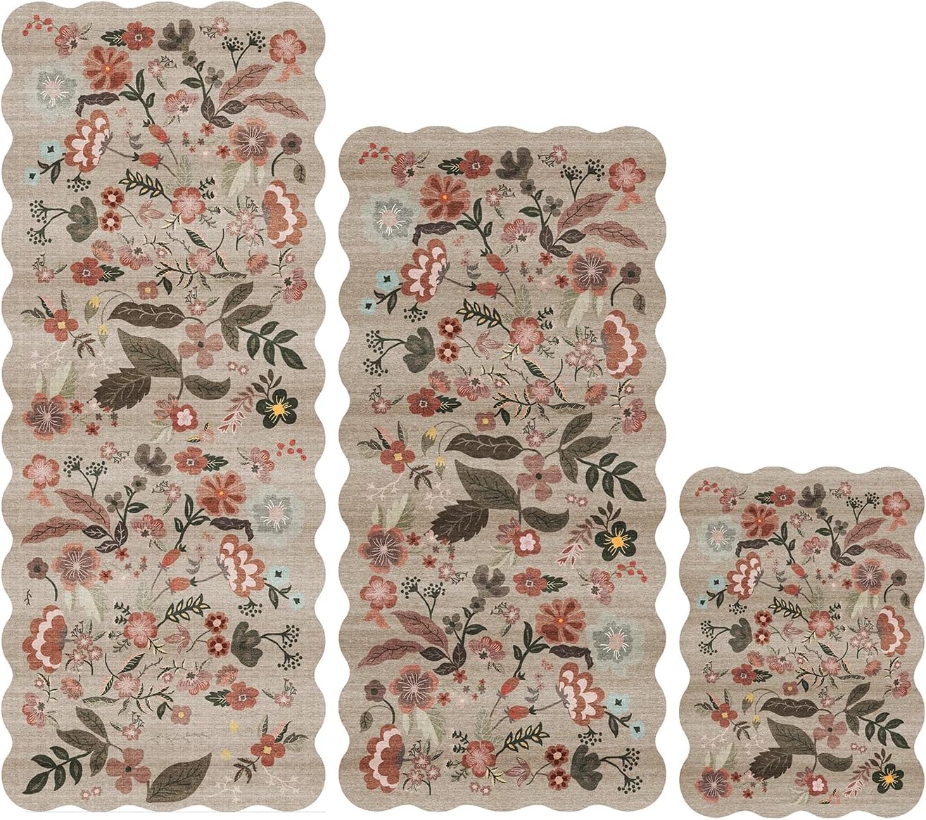 Floral Kitchen Rug Set of 3: Washable Non Slip Kitchen Runenr Rugs Brown