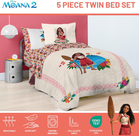 Disney Moana Twin Comforter Set 5 Piece Kids Bedding for Girls, Beige