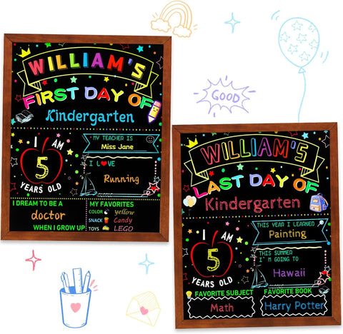 Multiwins First and Last Day of School Double Sided Sign with Frame- 14”x11” Reusable Dry Erase Board with 6 Colorful Liquid Chalk Markers - Back to School Supplies for Kindergarten Preschool