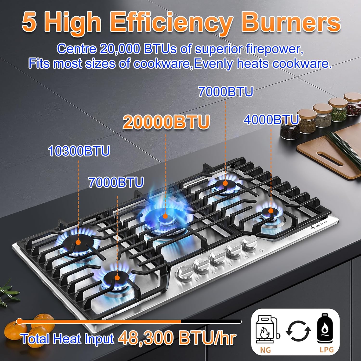 AMZCHEF 36 Inch Gas Cooktop with Griddle, 5 Italy SABAF Sealed Burners