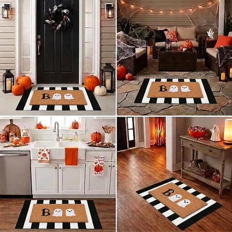 Halloween Door Mat Combo Set, Boo Ghost Coco Coir Welcome Doormat + 28" x 43" Black and White Plaid Rug, Autumn Halloween Front Porch Entryway Decor Floor Mat