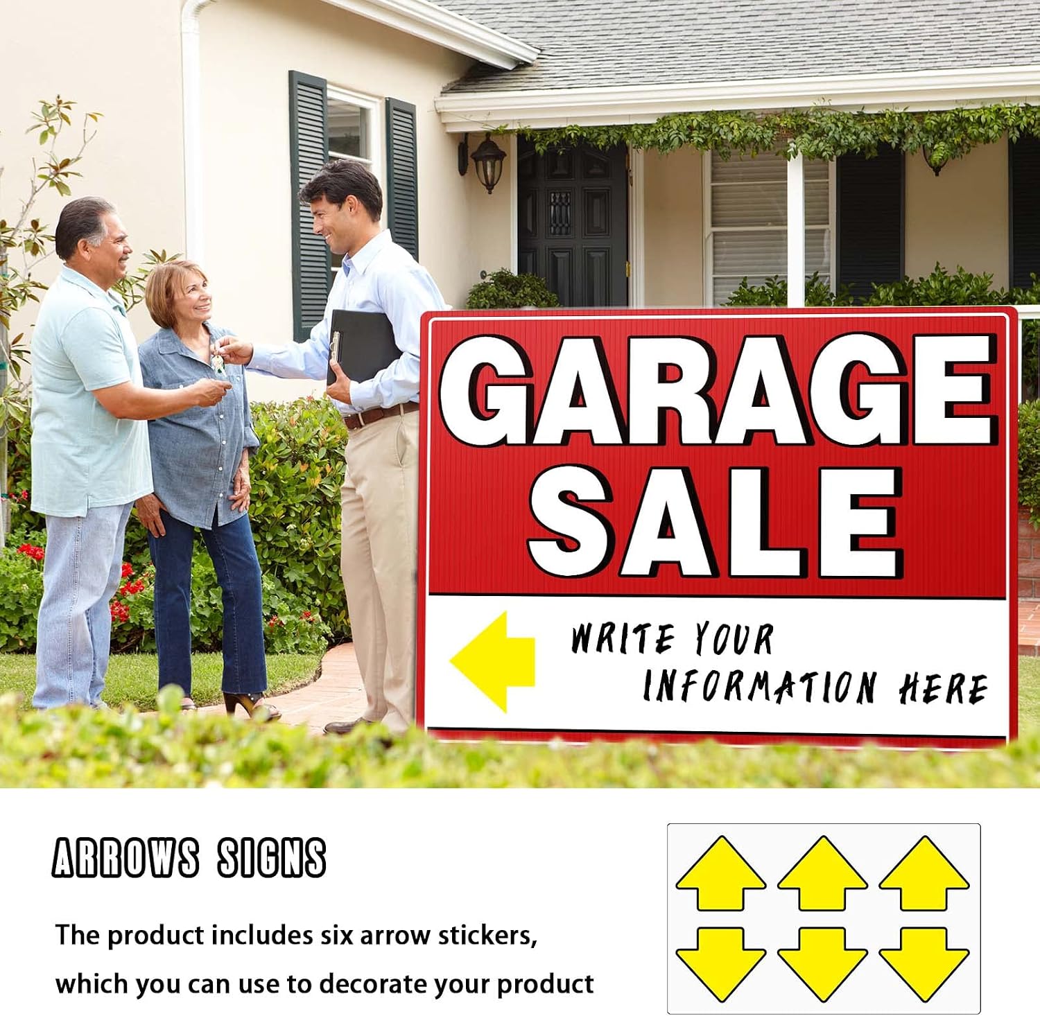 Garage Sale Signs with Stakes, 17" x 13" Double-Sided Yard Sale Sign with Arrow Stickers, Weather-Proof (3 Pack)