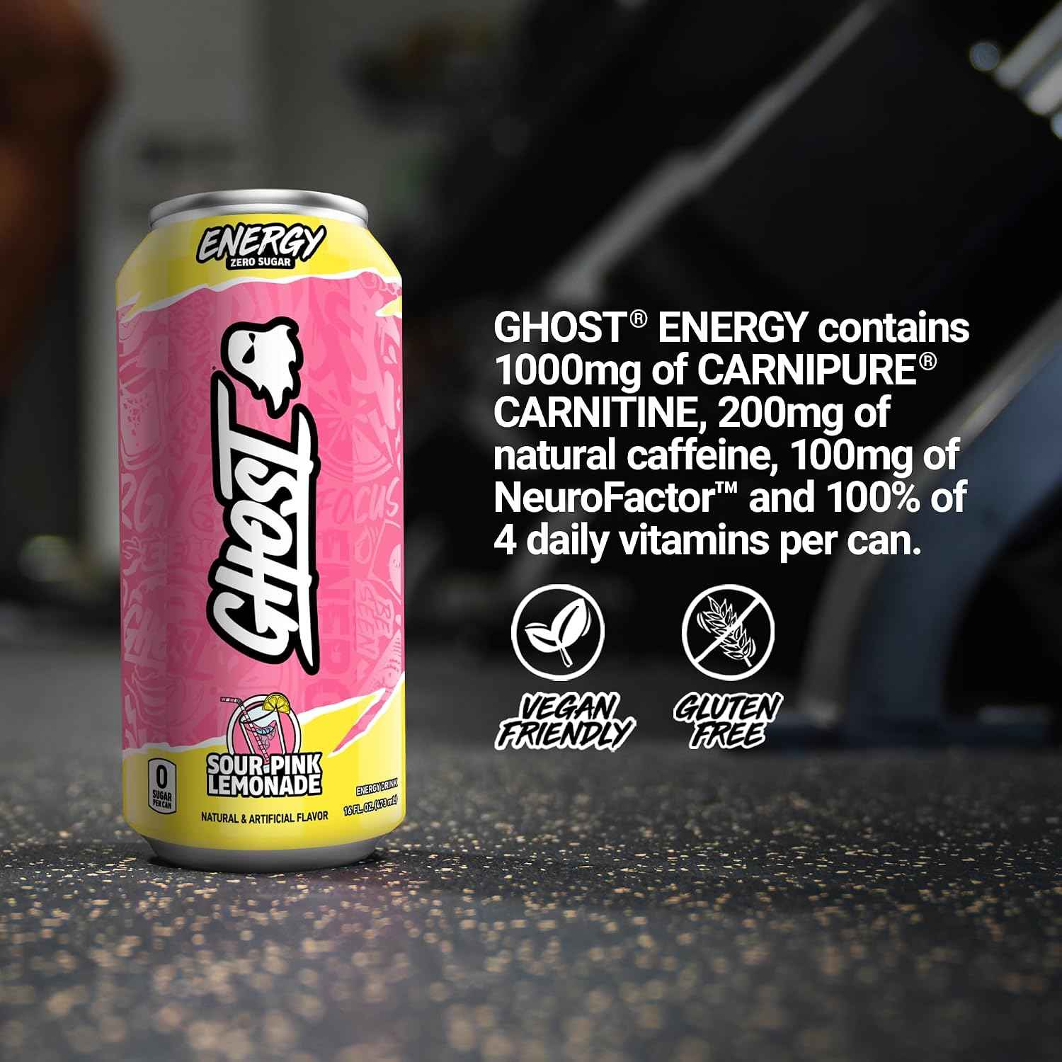 GHOST Energy Drinks, Zero Sugar, 12-Pack, Sour Pink Lemonade, 16oz | Energy & Focus Pre Workout Drink, No Artificial Colors, Gluten-Free, Vegan - 200MG Natural Caffeine, L-Carnitine, Taurine
