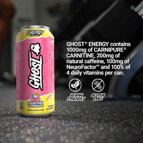 GHOST Energy Drinks, Zero Sugar, 12-Pack, Sour Pink Lemonade, 16oz | Energy & Focus Pre Workout Drink, No Artificial Colors, Gluten-Free, Vegan - 200MG Natural Caffeine, L-Carnitine, Taurine