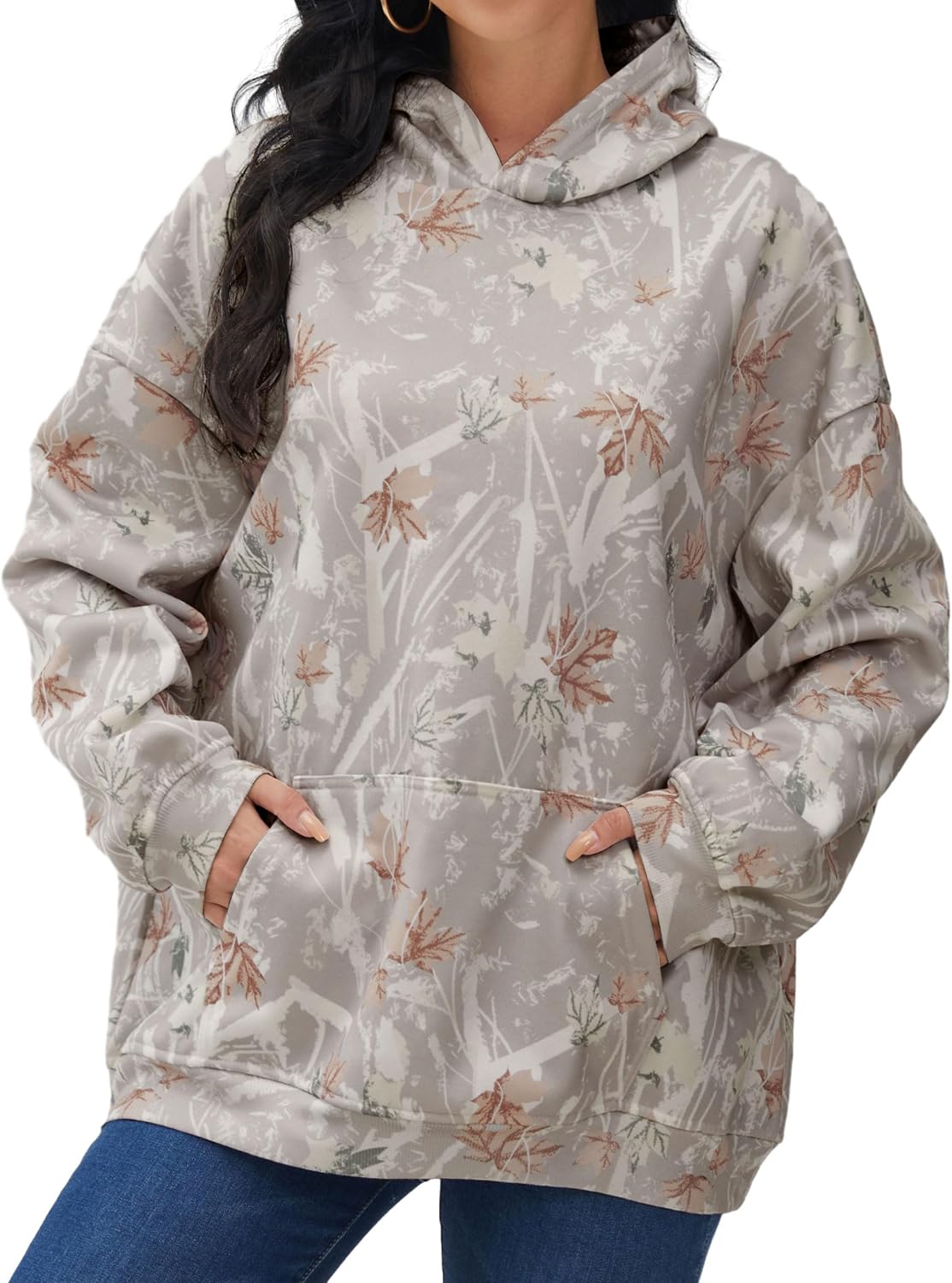 Eutten Womens Camo Hoodies Maple Leaf Print Oversized Hooded Sweatshirt Fleece Pullover Sweatshirts Long Sleeve with Pocket