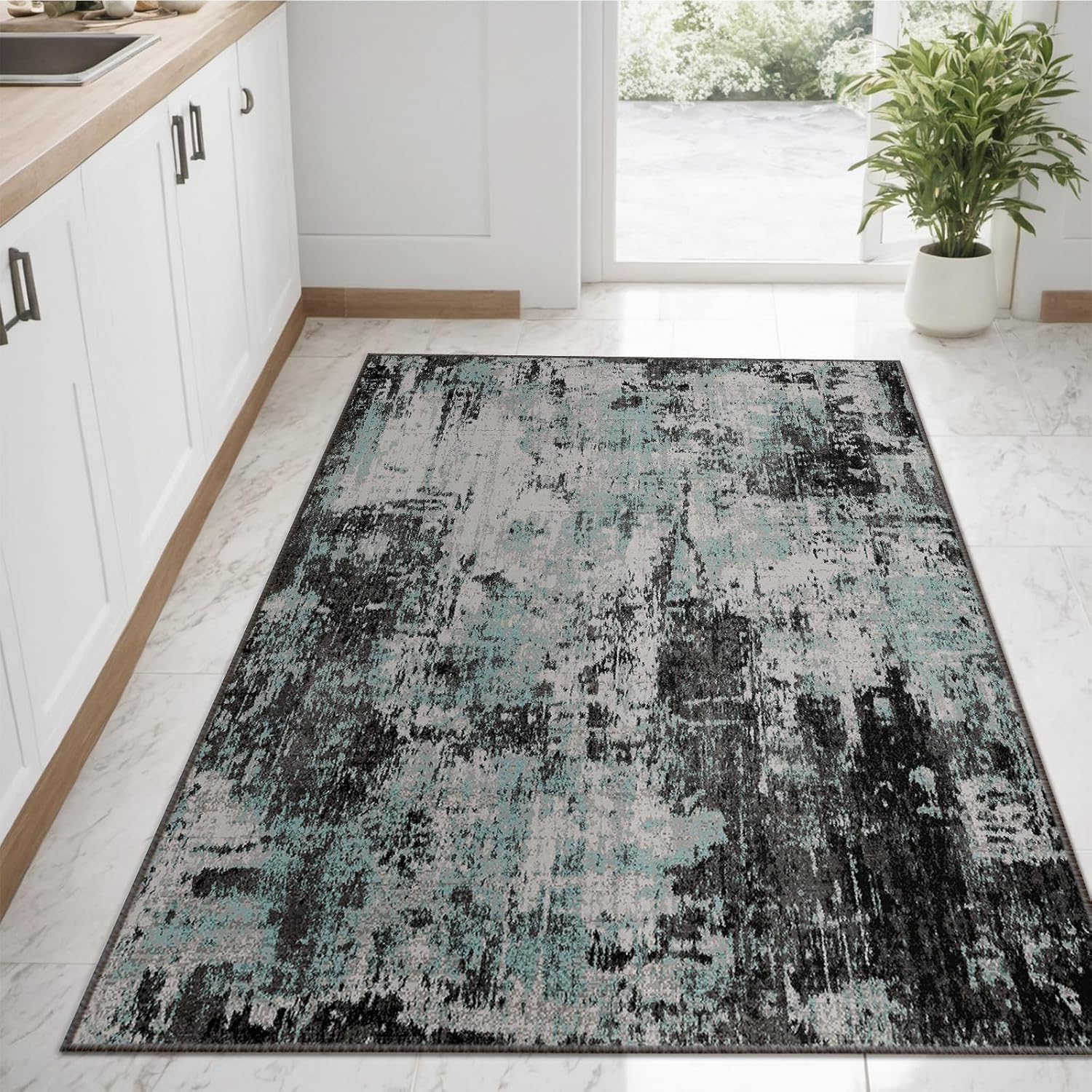 RELEANY Washable 3'x5' Abstract Area Rug for Living Room Teal Black