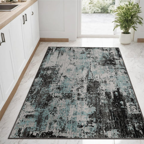 RELEANY Washable 3'x5' Abstract Area Rug for Living Room Teal Black