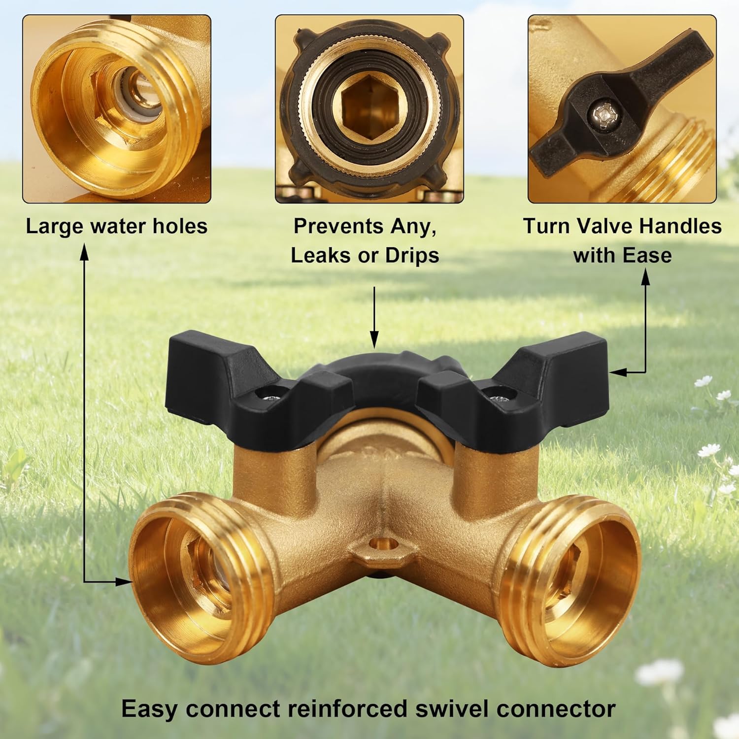 Biswing Garden Hose Splitter 2 Way, Heavy Duty Brass Connector Tap Splitter, Y Splitter 2 Valves with 2 Extra Rubber Washers