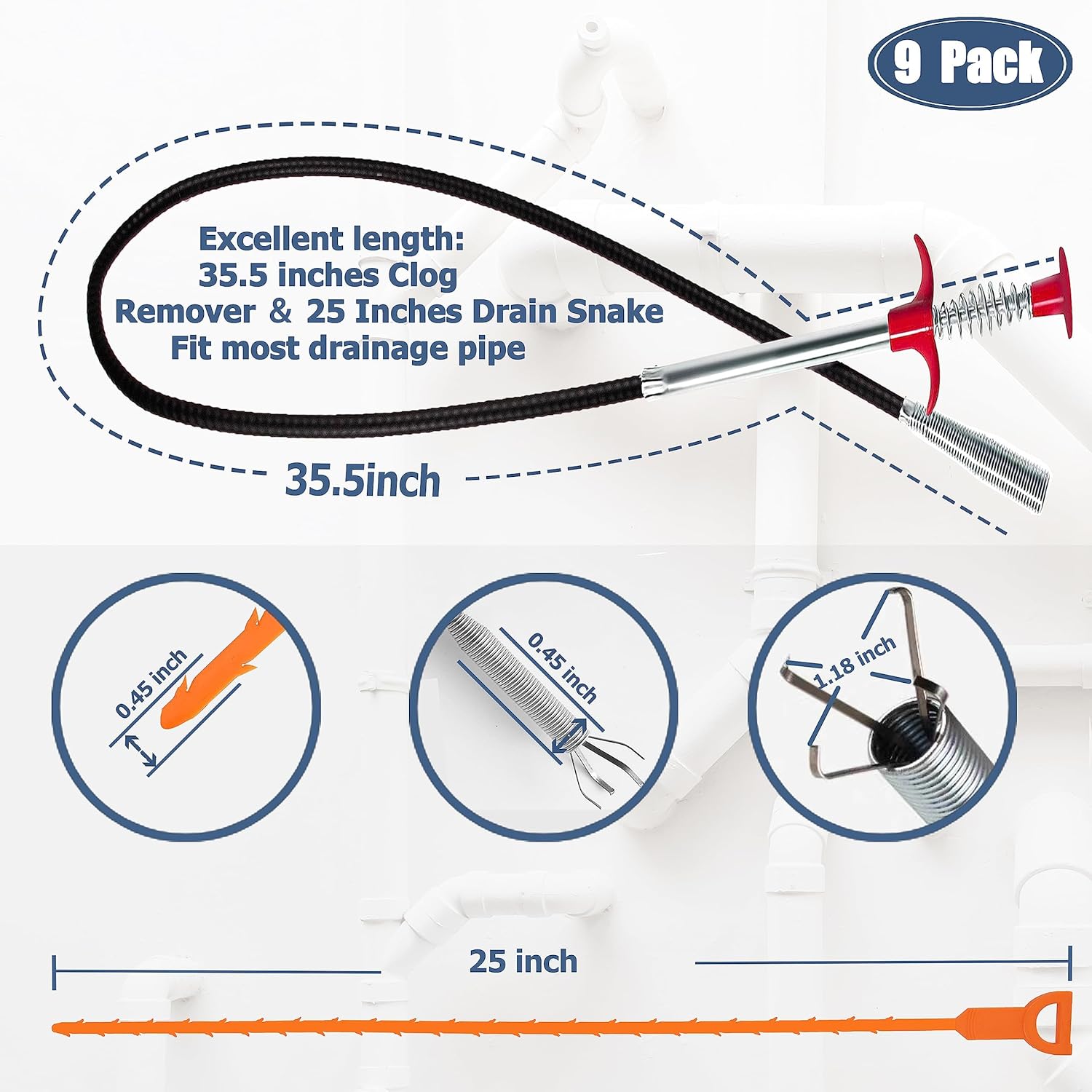 Drain Snake Hair Clog Remover Tool Set - 9 Pack Deep Cleaning Kit