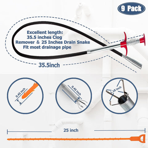 Drain Snake Hair Clog Remover Tool Set - 9 Pack Deep Cleaning Kit