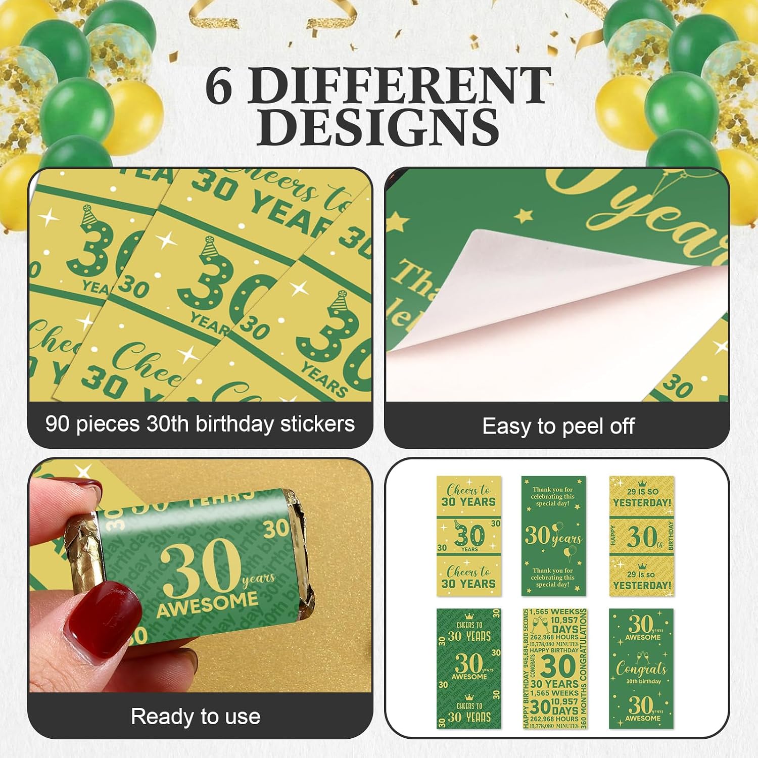 Tenare 90 Pcs 30th Birthday Candy Wrappers, Green and Gold Stickers