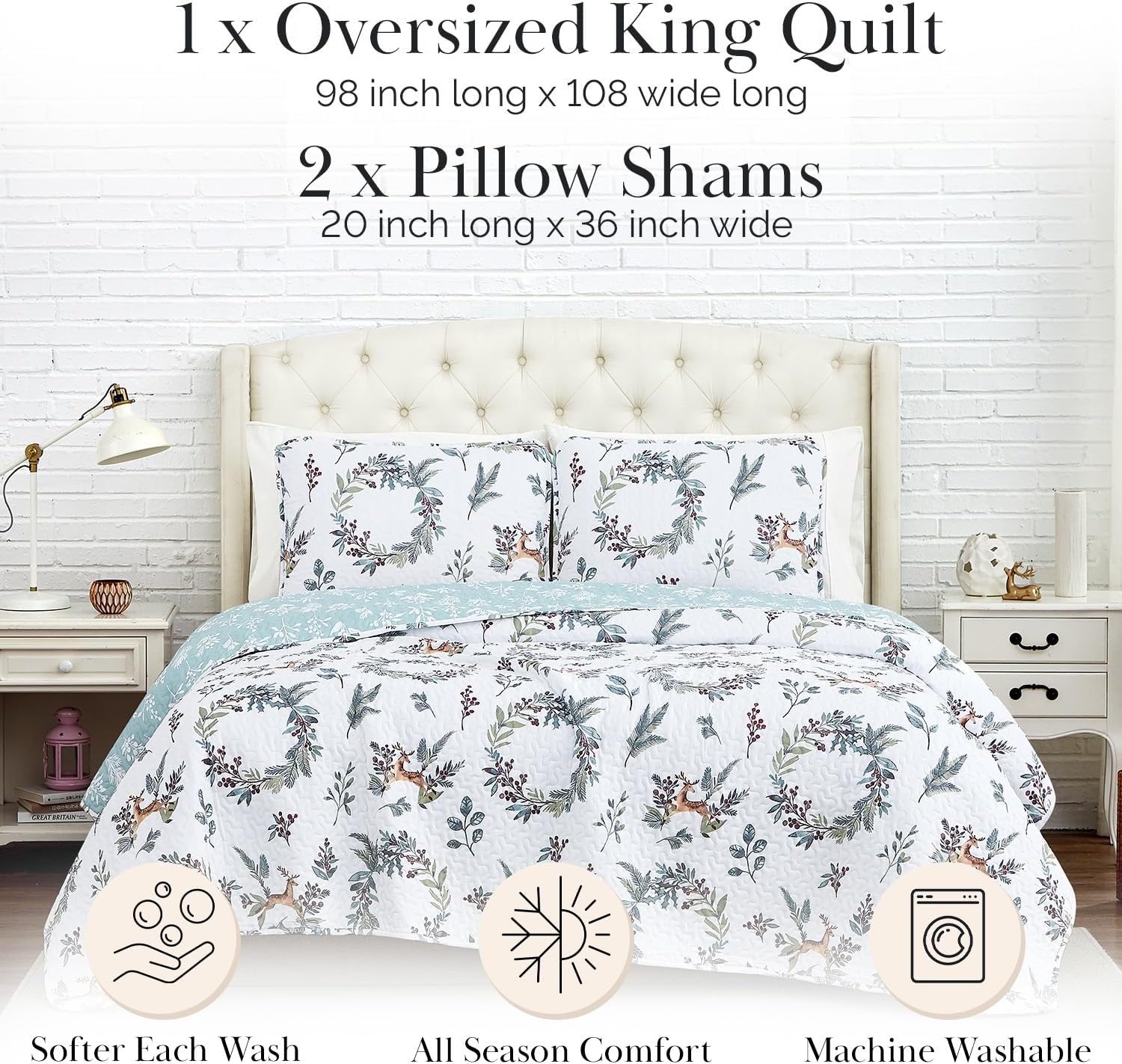 Southshore Fine Living, Inc. Happy Holidays Christmas Bedding Set King Size 3-Piece Oversized Christmas Quilt Set with Quilted Shams, California/King