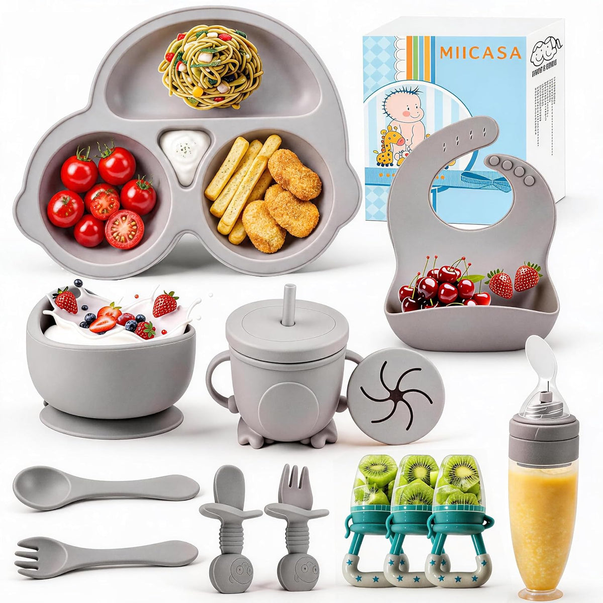 Silicone Baby Feeding Set,Miicasa Baby Led Weaning Supplies Kit With Suction Bowl & Car Plate, Bib, Spoon, Fork, Cup - Food-Grade Silicone, Dishwasher-Safe, No BPAs - For 3+ Months