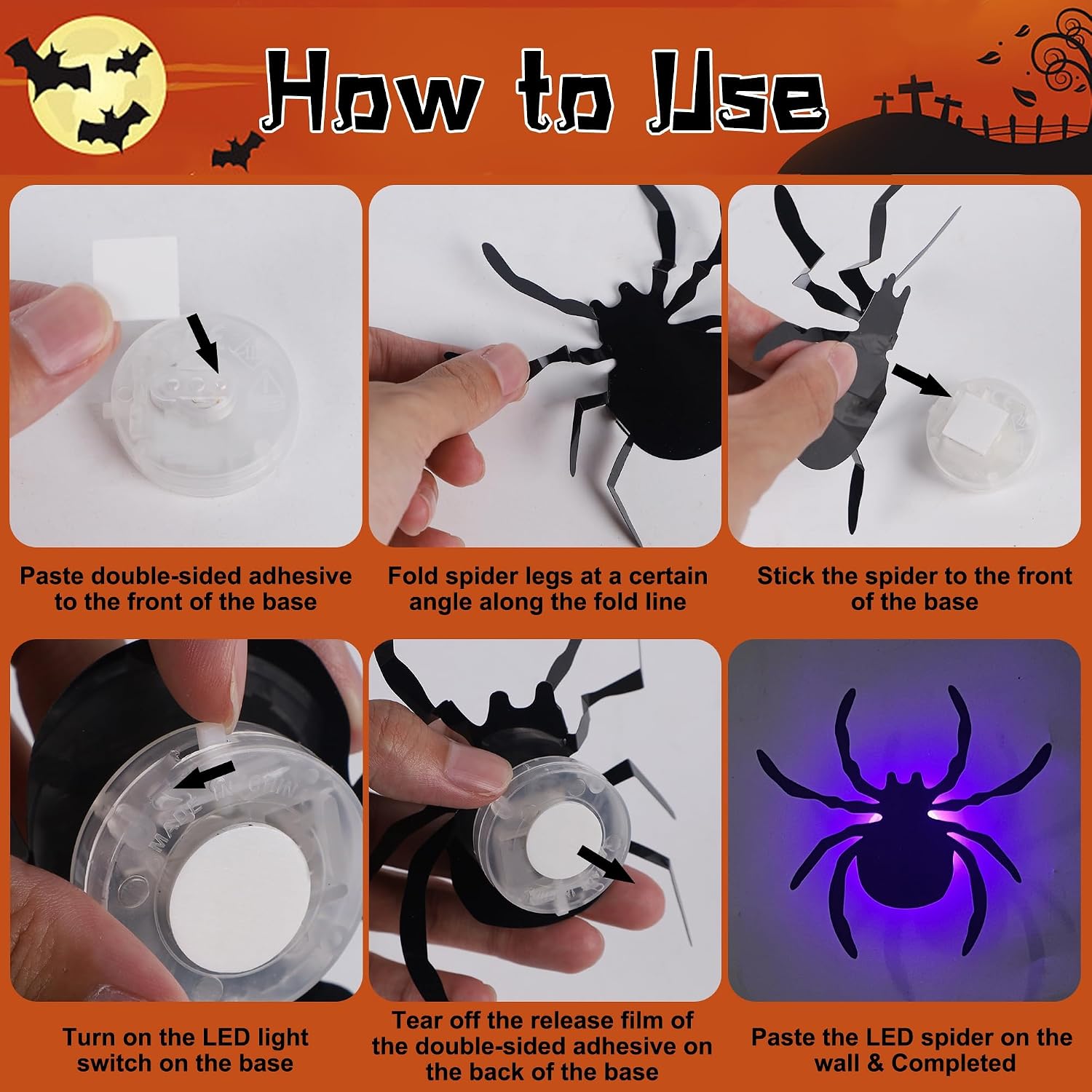 DR.DUDU 36 Pack Halloween Wall Decor Light up Spiders, Purple
