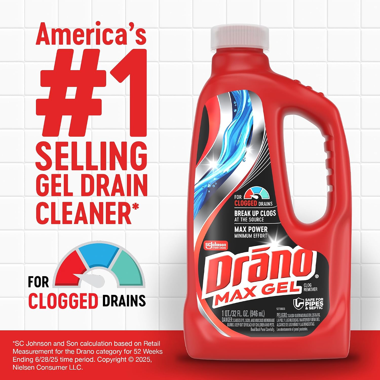 Drano Max Gel Drain Clog Remover & Cleaner, Safe for All Pipes/Septic, 32oz