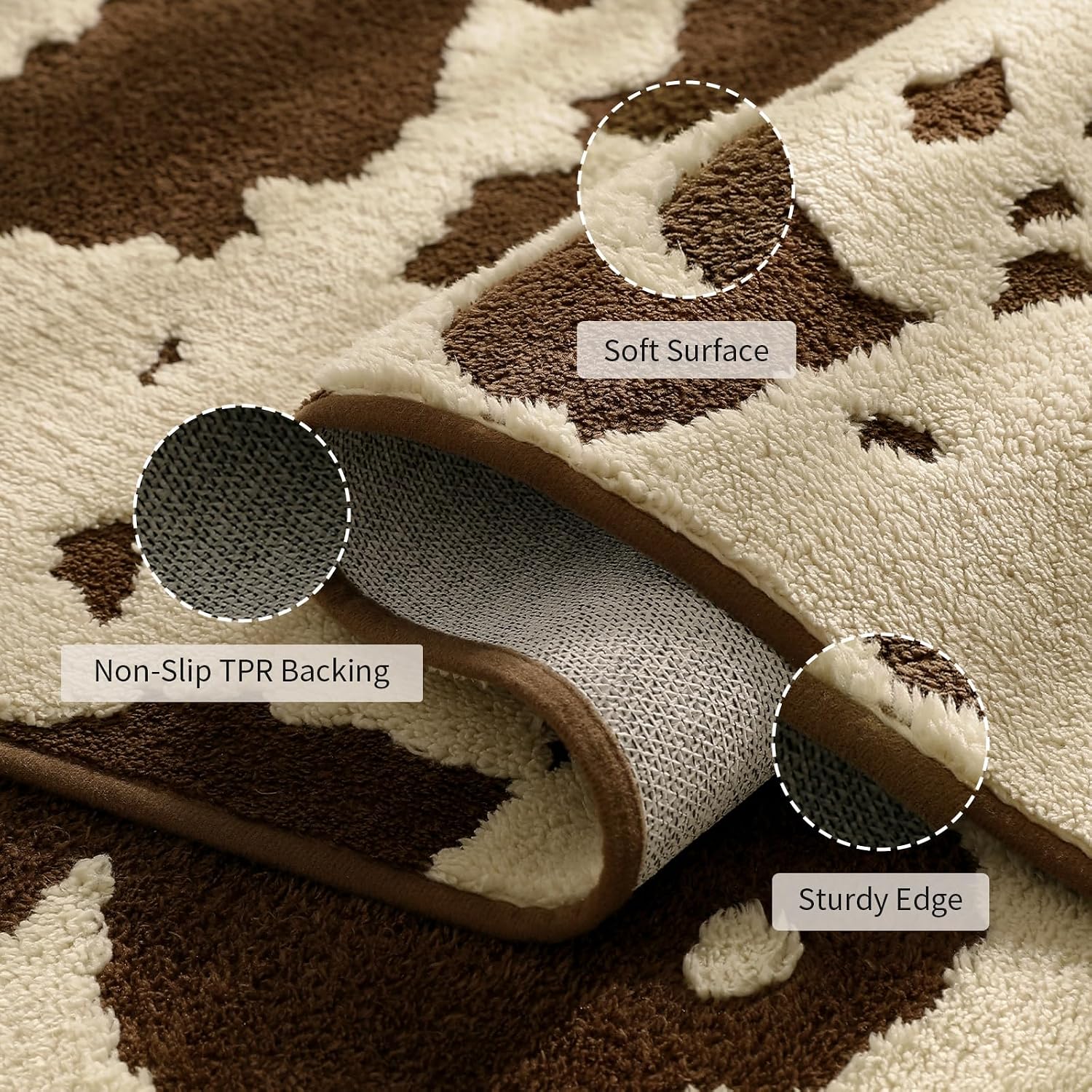 YIHOUSE Cowhide Entryway Rugs 3x5 Ft, Washable Plush Soft Brown and Cream Cow Rug, Non-Slip High-Low Pile Animal Small Area Carpet for Bedside, Living Room, Door Entrance, Home Decor