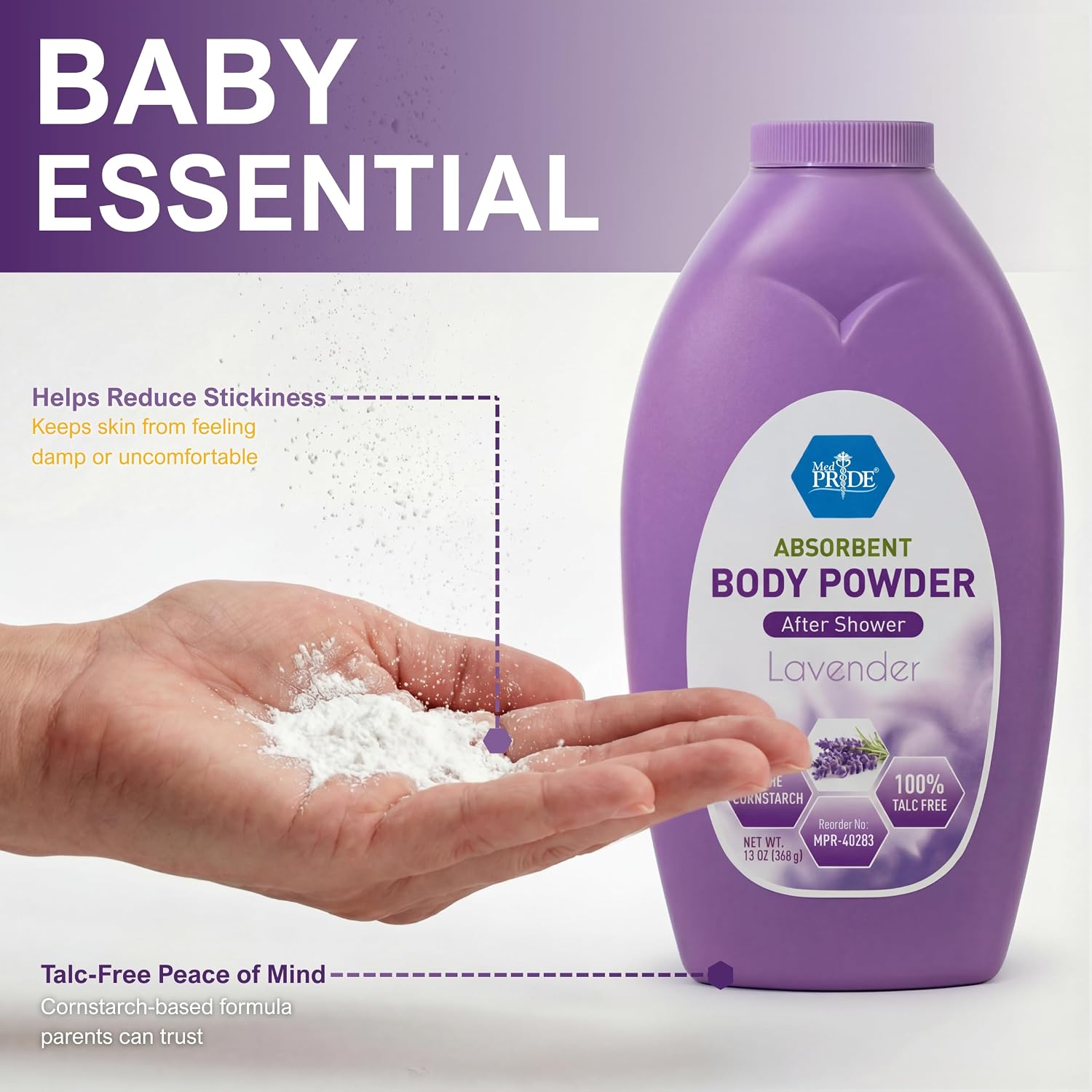 MED PRIDE Talc-Free Cornstarch Body Powder, Lavender Scent, 13 oz Bottle